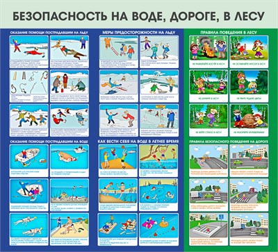 Стенд Безопасность на воде, дороге, в лесу 1100 х 1000 пластик 3мм 2606