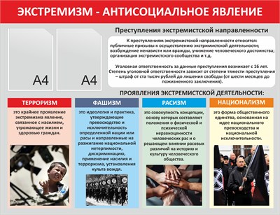 Стенд Экстремизм - антисоциальное явление  1200 х 1000 пластик 3мм, карманы А4-2шт. 0337