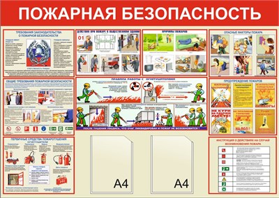 Стенд Пожарная безопасность размер 1400 х 1000 пластик 3 мм, карман А4-2шт.