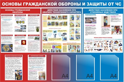 Стенд Основы гражданской обороны и защиты от ЧС размер 1500 х 1000 пластик 3 мм, карман А4-3шт.