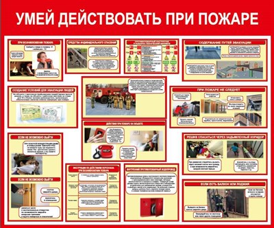 Стенд "Умей действовать при пожаре- содержание путей эвакуации" размер 1200 х 1000 пластик 3 мм