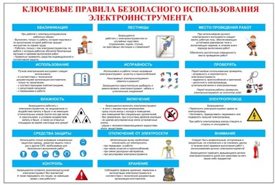 Стенд Ключевые правила использования электроинструмента размер 600 х 900 пластик 3 мм 2387 - фото 5681