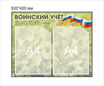 Стенд Воинский учет размер 520 х 420 пластик 3 мм с карманами А4 2шт