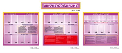 Комплект стендов Школьная жизнь 3 шт размер 1300 х 1200 пластик 3 мм с карманами А4 25шт