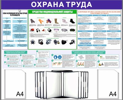 Стенд Охрана Труда 1200 х 1100 пластик 3мм, карманы А4-2шт+перекидная система на 10 карманов (Вариант №4)