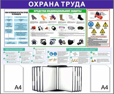 Стенд Охрана Труда 1200 х 1100 пластик 3мм, карманы А4-2шт+перекидная система на 10 карманов (Вариант №10)