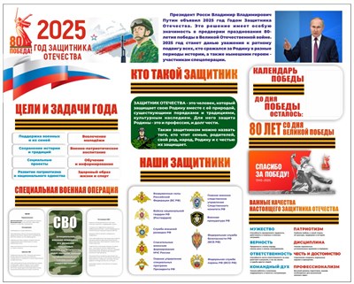 Стенд "2025- Год Защитника Отечества" 1500 х 1000 пластик 3мм, карман А4-1шт. (Арт. 202516)