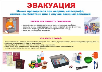 Стенд "ЭВАКУАЦИЯ при ЧС - что взять с собой" формат А2  594 х 420 пластик 3мм