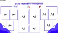 Стенд Окно твоих возможностей размер 1650 х 900 мм  пластик 3 мм карманы А4 - 8 шт. (6 вертикальных, 2 горизонтальных), А3 - 2 шт (вертикальные)