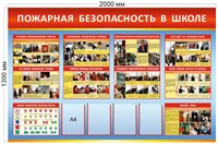 Стенд Пожарная безопасность в школе размер 2000 х 1300 пластик 3 мм с 4 карманами А4 0162
