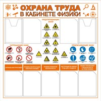 Стенд Охрана Труда в кабинете физики 1250 х 1250 пластик 3 мм, карманы А4-7шт.(плоские), А4-2шт.(объёмные)