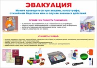 Стенд "ЭВАКУАЦИЯ при ЧС - что взять с собой" формат А2  594 х 420 пластик 3мм